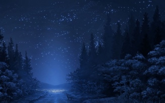 снег, дорога, ночь, небо, горы, лес, деревья, зима