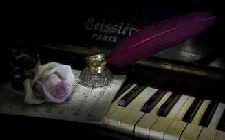 музыка, стиль, перо, роза, пианино